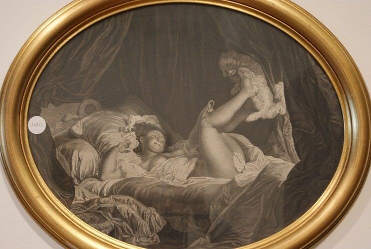Antica stampa francese di fine 1800 raffigurante una giovane don na seminuda che gioca -photo-2