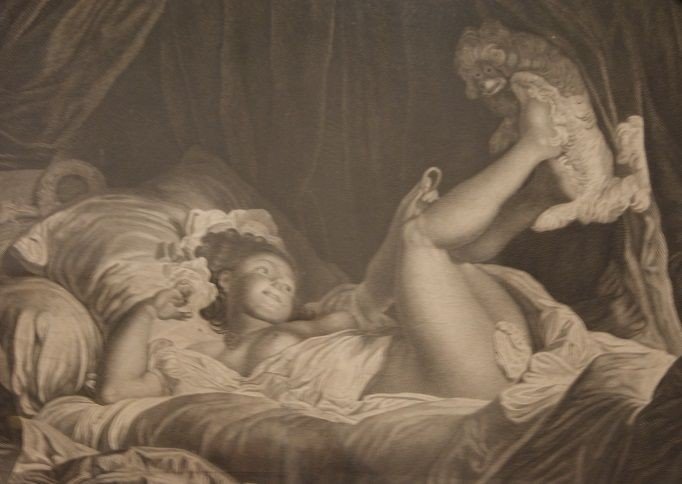 Antica stampa francese di fine 1800 raffigurante una giovane don na seminuda che gioca -photo-3