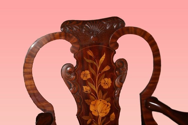 Gruppo di 4 sedie e 2 capotavola olandesi di fine 1800, stile Chippendale, in legno di mogano-photo-4