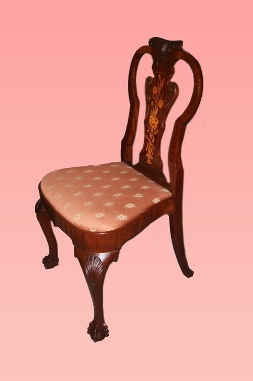Gruppo di 4 sedie e 2 capotavola olandesi di fine 1800, stile Chippendale, in legno di mogano-photo-1