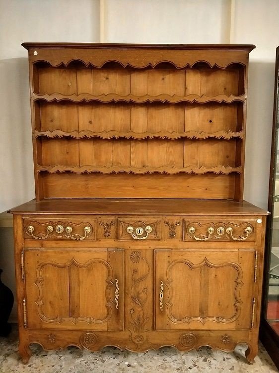 Grande credenza, piattaia, doppio corpo francese di metà 1800 stile Provenzale in rovere