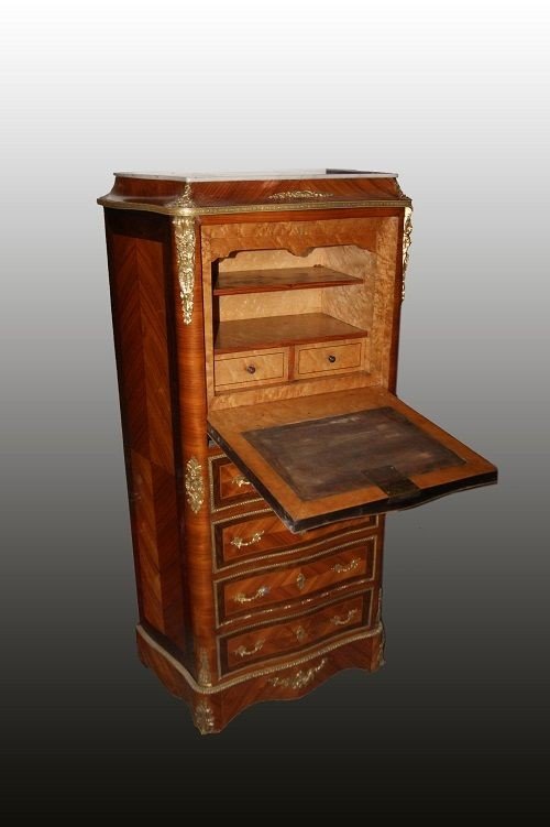 Secretaire francese di metà 1800, stile Transizione, in legno di bois de rose e palissandro-photo-3