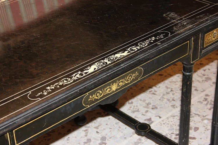 Preziosa scrivania scrittoio italiano Lombardo di inizio 1800 stile Luigi XVI in legno di ebano-photo-3