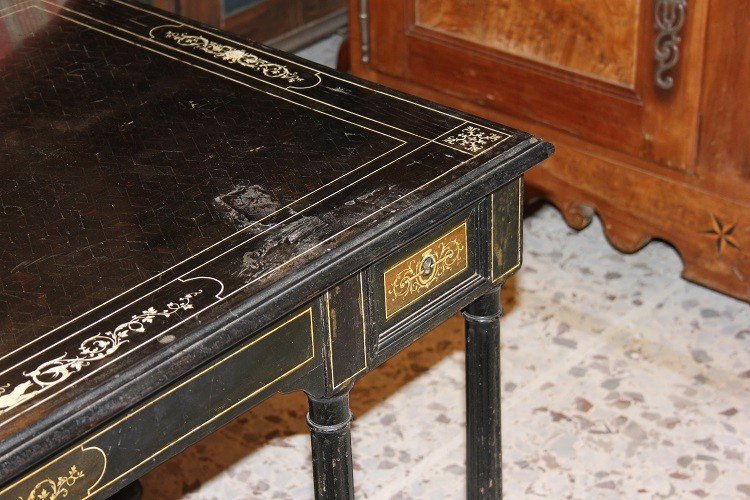 Preziosa scrivania scrittoio italiano Lombardo di inizio 1800 stile Luigi XVI in legno di ebano-photo-4