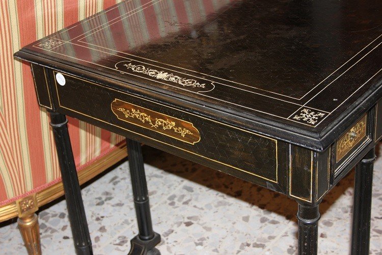Preziosa scrivania scrittoio italiano Lombardo di inizio 1800 stile Luigi XVI in legno di ebano-photo-1