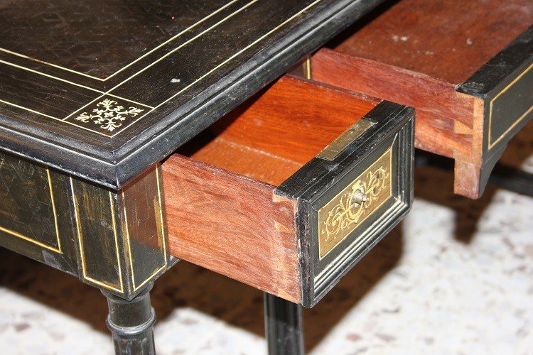 Preziosa scrivania scrittoio italiano Lombardo di inizio 1800 stile Luigi XVI in legno di ebano-photo-4