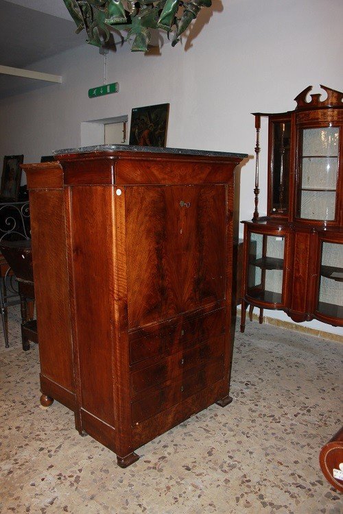 Secretaire Carlo X di metà 1800 in mogano con filetto di intarsio-photo-2