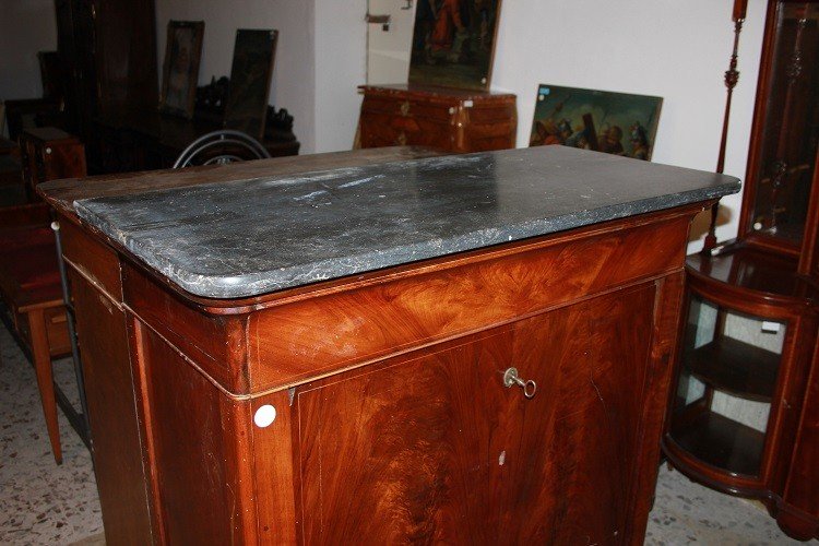 Secretaire Carlo X di metà 1800 in mogano con filetto di intarsio-photo-3