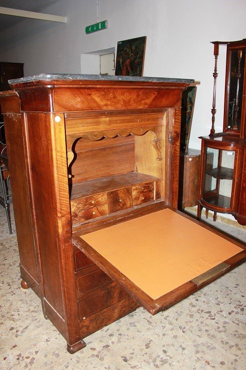 Secretaire Carlo X di metà 1800 in mogano con filetto di intarsio-photo-3