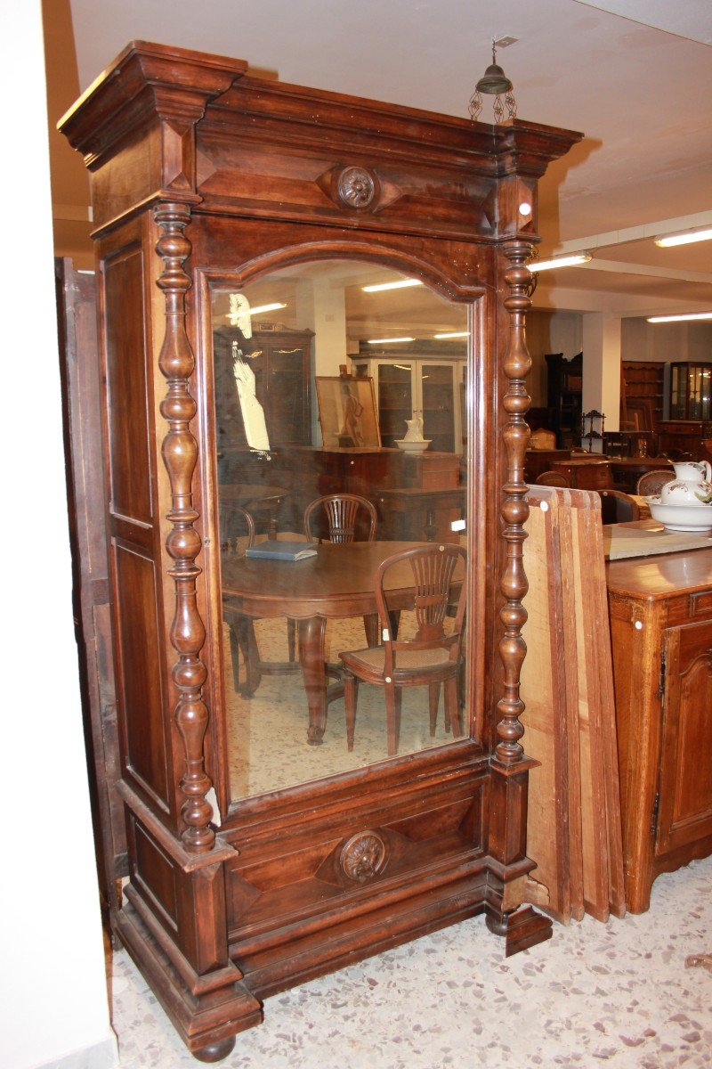 Armadio ad 1 porta con specchio del 1800 stile Luigi Filippo in legno di noce-photo-2