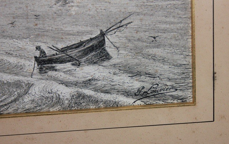 Quadro antico dipinto a China FIRMATO Veduta Marina con cornice dorata e in rovere XIX secolo-photo-2