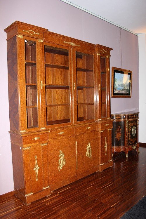 Grande libreria francese della seconda metà del 1800, stile Impero, in legno di maples e radica-photo-5