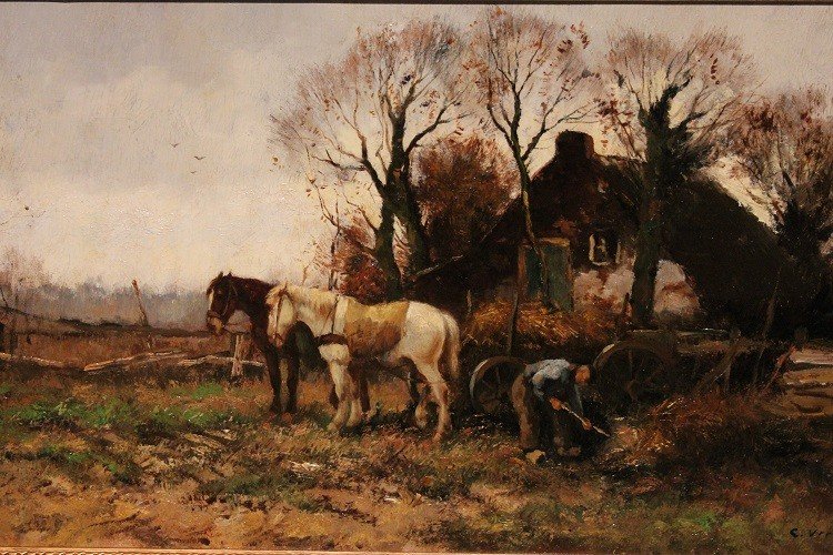 Olio su tela raffigurante scena campestre firmato Cor Bouter 1888-1966 (C.Verschuur)-photo-3