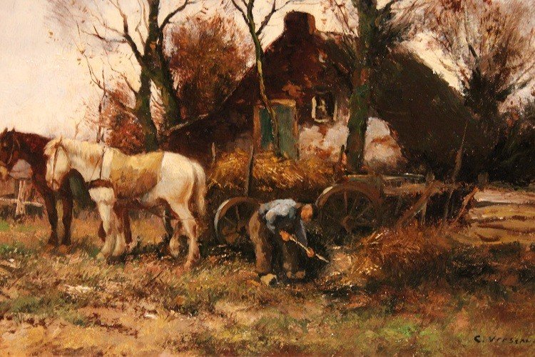 Olio su tela raffigurante scena campestre firmato Cor Bouter 1888-1966 (C.Verschuur)-photo-4