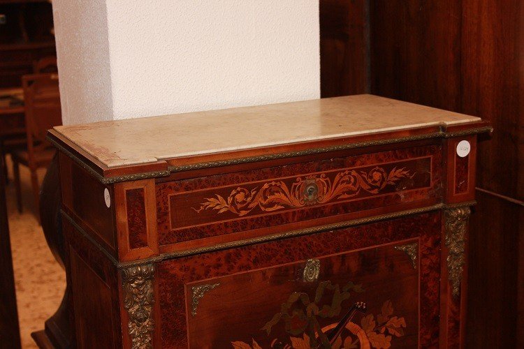 Secretaire francese della seconda metà del 1800, stile Luigi XVI, in legno di males e radica-photo-2