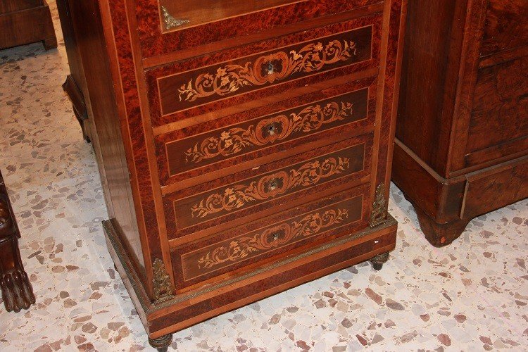 Secretaire francese della seconda metà del 1800, stile Luigi XVI, in legno di males e radica-photo-4