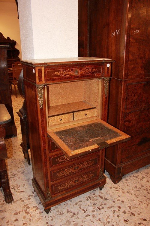 Secretaire francese della seconda metà del 1800, stile Luigi XVI, in legno di males e radica-photo-4