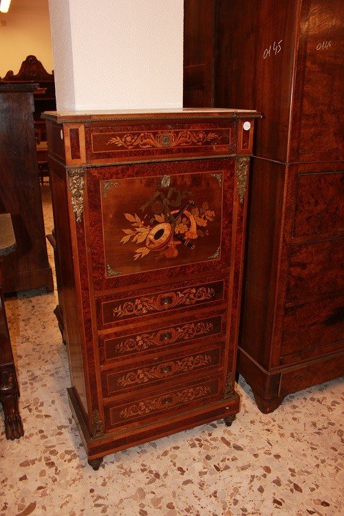 Secretaire francese della seconda metà del 1800, stile Luigi XVI, in legno di males e radica