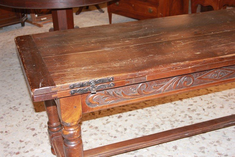 Grande tavolo allungabile francese di inizio 1800, stile Rustico, in legno di noce-photo-2