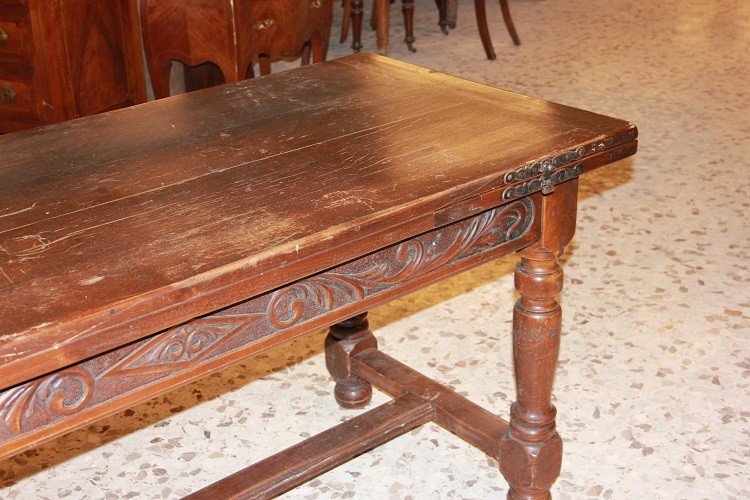 Grande tavolo allungabile francese di inizio 1800, stile Rustico, in legno di noce-photo-3