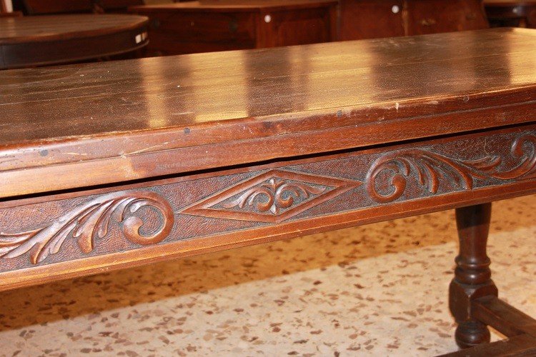 Grande tavolo allungabile francese di inizio 1800, stile Rustico, in legno di noce-photo-1