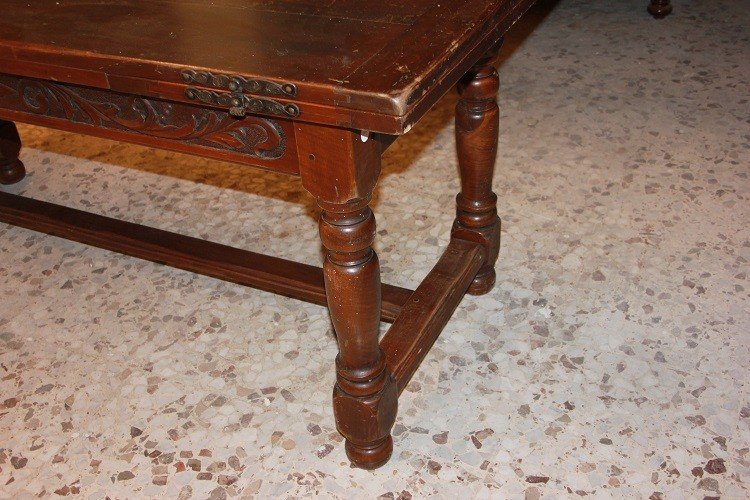 Grande tavolo allungabile francese di inizio 1800, stile Rustico, in legno di noce-photo-5