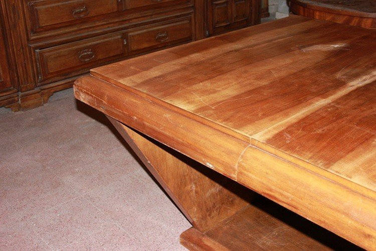 Tavolo rettangolare allungabile francese di inizio 1900, stile Decò, in legno di noce-photo-3