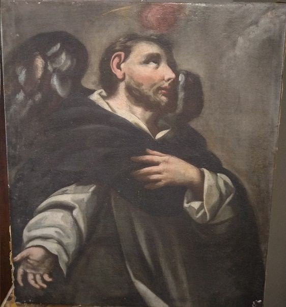 Olio su tela raffigurante San Vincenzo con ali e fiamma dello spirito santo ardente sul capo