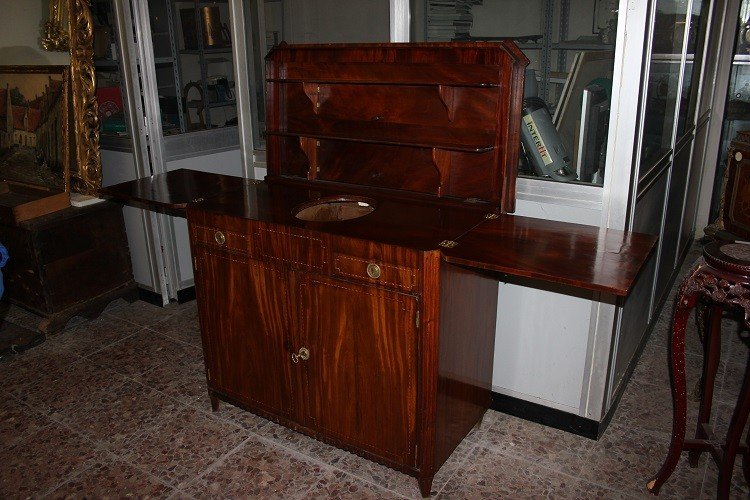 Credenza piattaia olandese di inizio 1800 stile Luigi XVI in legno di mogano e piuma di mogano-photo-2