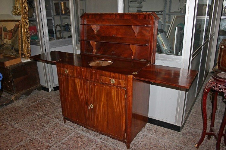 Credenza piattaia olandese di inizio 1800 stile Luigi XVI in legno di mogano e piuma di mogano-photo-3