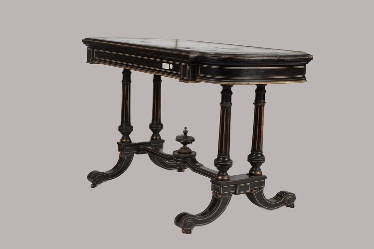 Tavolino da centro consolle francese della metà 1800, stile Luigi XVI, in legno ebanizzato-photo-2