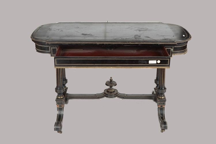Tavolino da centro consolle francese della metà 1800, stile Luigi XVI, in legno ebanizzato-photo-3