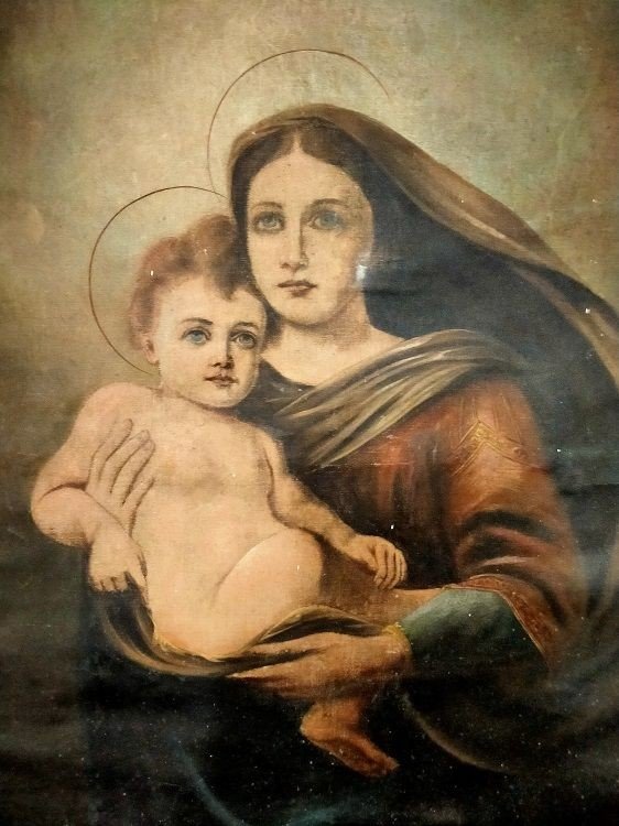 Olio su tela raffigurante "Madonna con bambino"-photo-2