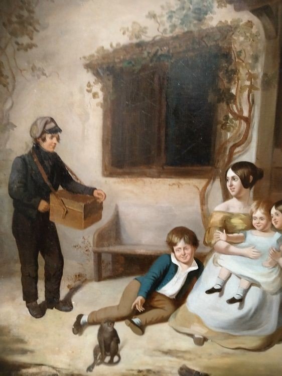 Olio su tela raffigurante una famiglia: donna con bambini e anziana, con lattaio in procinto-photo-2