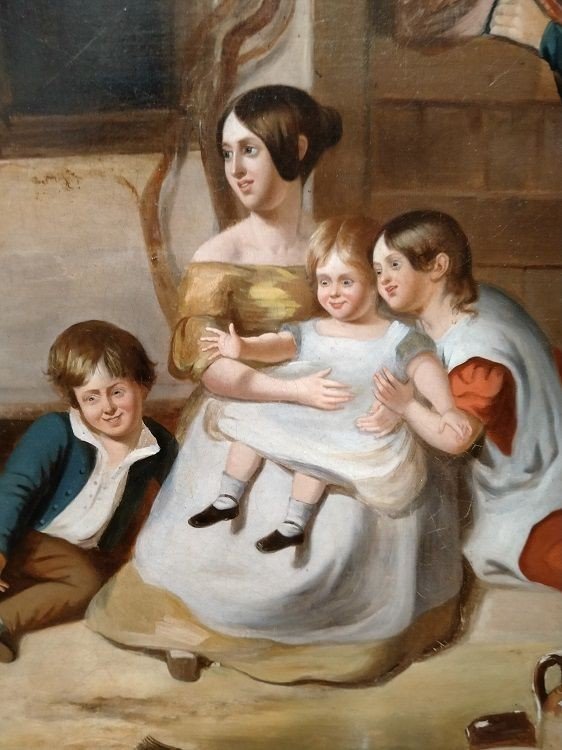 Olio su tela raffigurante una famiglia: donna con bambini e anziana, con lattaio in procinto-photo-3