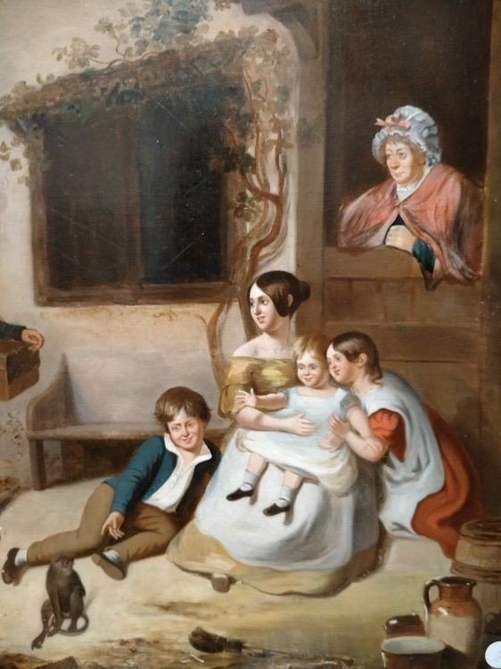 Olio su tela raffigurante una famiglia: donna con bambini e anziana, con lattaio in procinto-photo-4