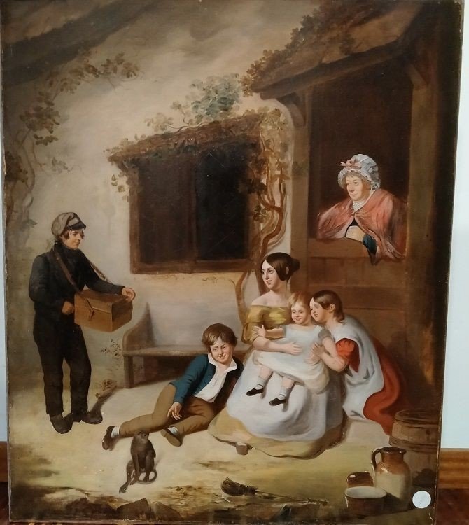 Olio su tela raffigurante una famiglia: donna con bambini e anziana, con lattaio in procinto