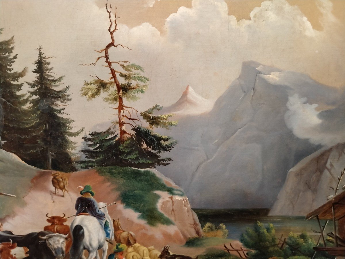 Olio su tela, ritelato, raffigurante paese di montagna con personaggi e animali-photo-4