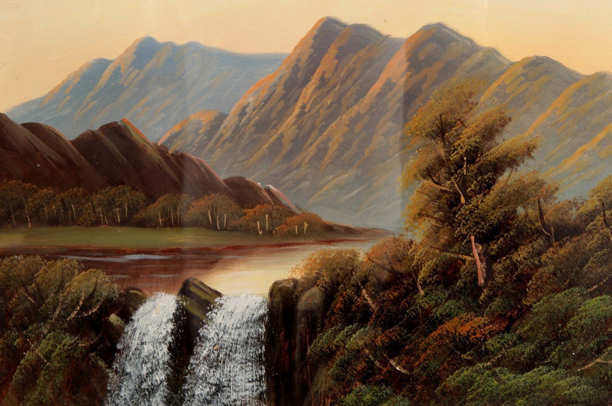Olio su cartone raffigurante paesaggio montano con cascata. La cornice in rovere è coeva-photo-3