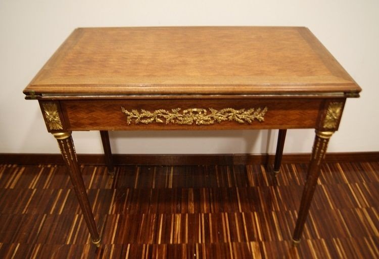 Tavolino da gioco stile Luigi XVI con bronzi dorati-photo-3