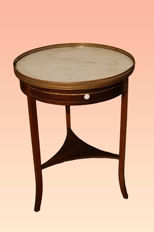 Tavolino circolare francese della seconda metà del 1800, stile Transizione, in legno di mogano