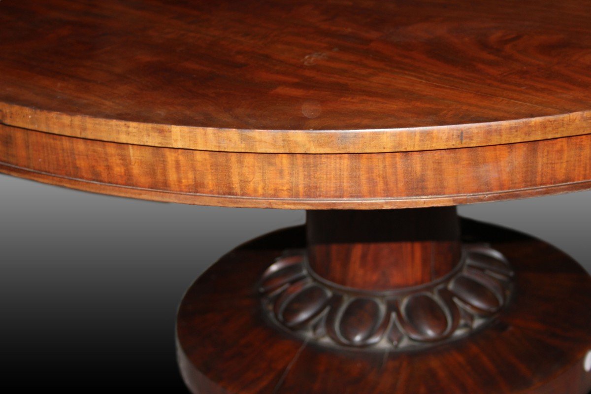 Tavolo circolare a vela inglese di inizio 1800, stile Regency, in legno di mogano-photo-2