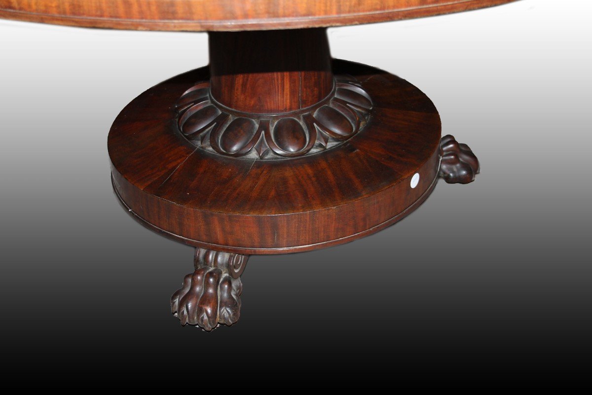 Tavolo circolare a vela inglese di inizio 1800, stile Regency, in legno di mogano-photo-3