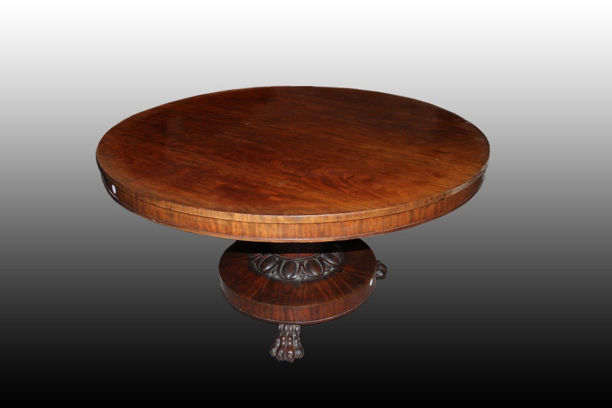 Tavolo circolare a vela inglese di inizio 1800, stile Regency, in legno di mogano