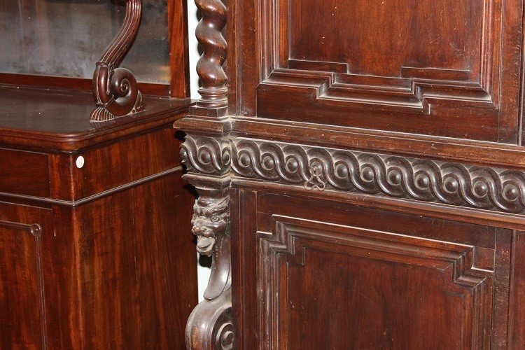 Grande credenza italiana della seconda metà del 1800, stile Rinascimento, in legno di noce-photo-3