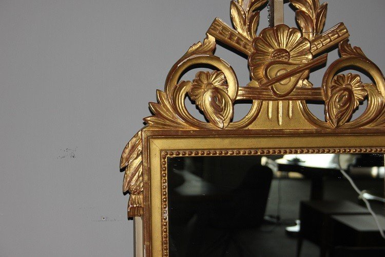 Specchiera francese della seconda metà del 1800, stile Luigi XVI, in legno dorato foglia oro-photo-3
