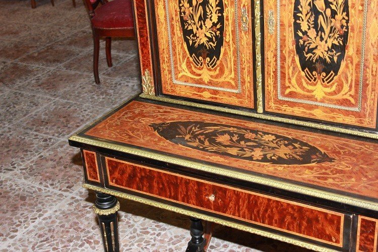 Cabinet credenzino francese di metà 1800, stile Luigi XVI, in radica maples e ebano-photo-1