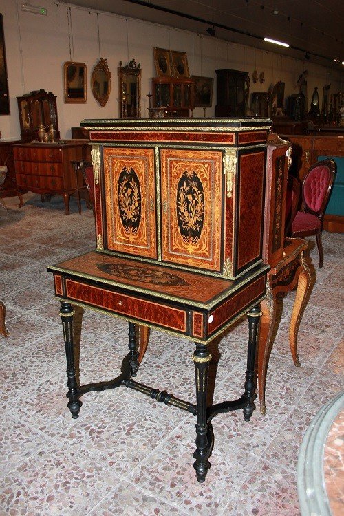 Cabinet credenzino francese di metà 1800, stile Luigi XVI, in radica maples e ebano-photo-5