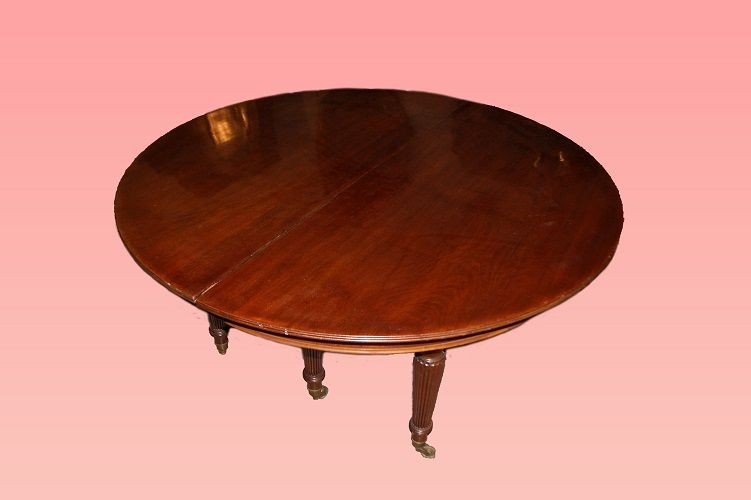 Tavolo circolare allungabile inglese, della prima metà del 1800, stile Regency, 