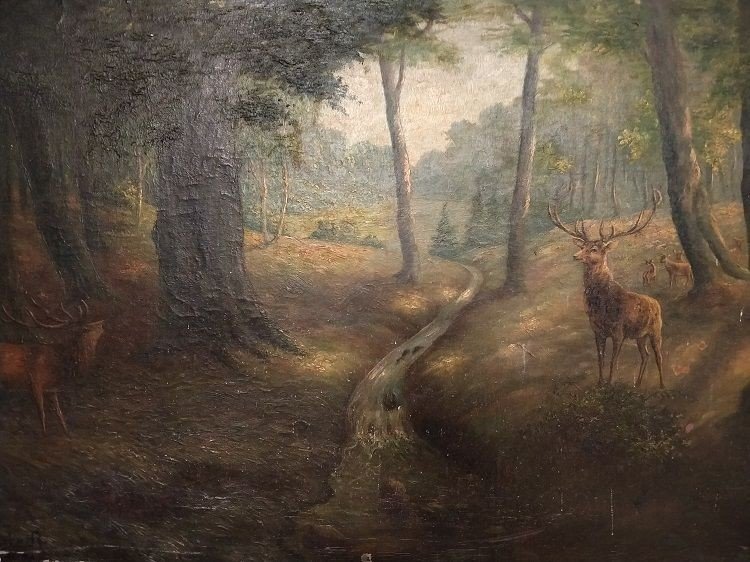 Olio su tela raffigurante bosco con cervi nei pressi di un piccolo corso d'acqua-photo-2